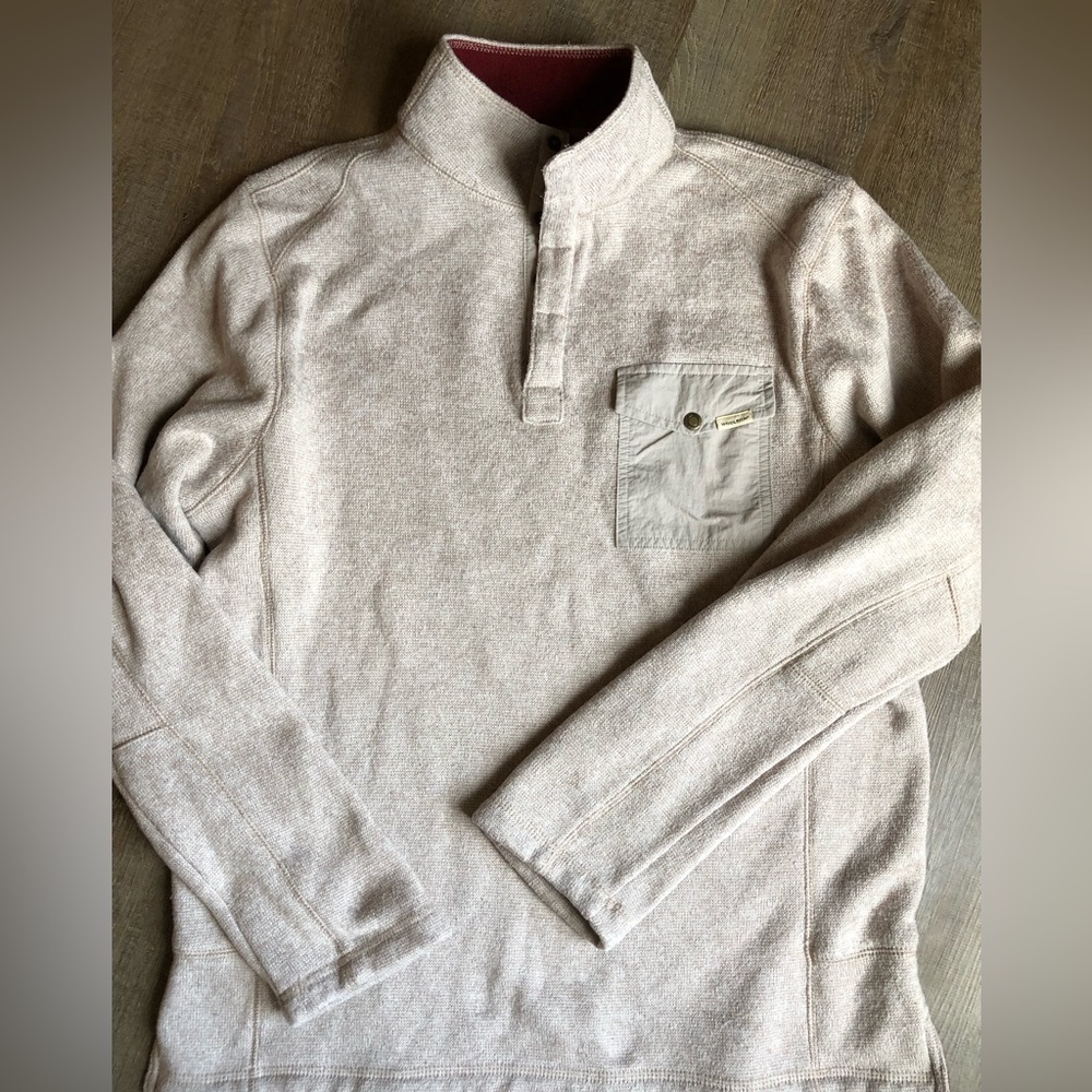 Men’s Woolrich medium 1/4 snap pullover sweater front pocket cream tan